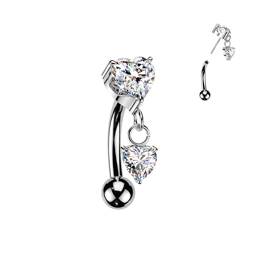 Titanium Threadless Push In Heart CZ Dangle Eyebrow Curved Barbell - Image 2