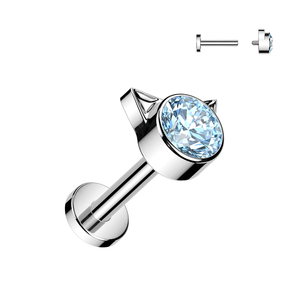 Titanium Internally Threaded Labret With Bezel Set CZ Kitty Top Tragus - Image 3