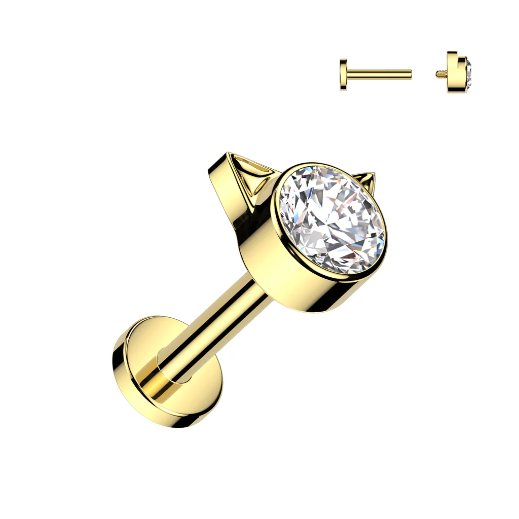 Titanium Internally Threaded Labret With Bezel Set CZ Kitty Top Tragus - Image 5