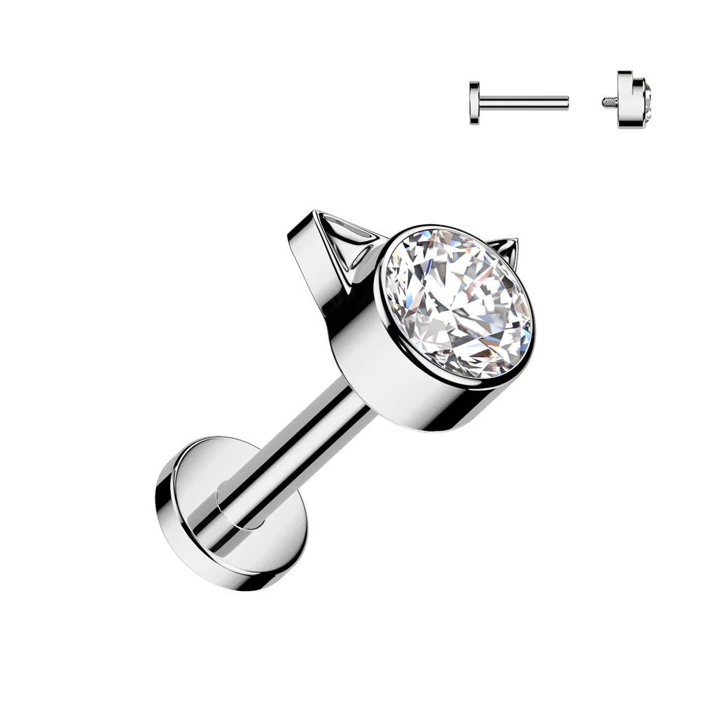 Titanium Internally Threaded Labret With Bezel Set CZ Kitty Top Tragus - Image 6