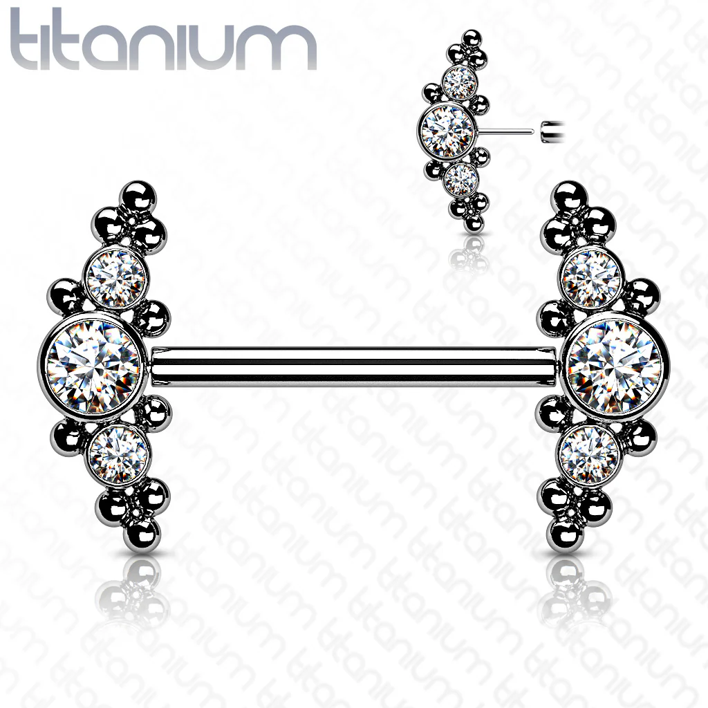 Pair Titanium Threadless Push in Nipple Barbell with CZ Cluster - Image 3