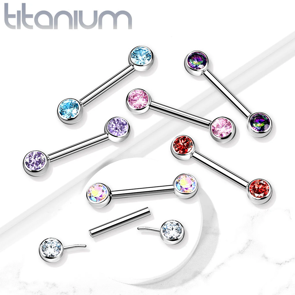 Pair Titanium Threadless Push in Nipple Barbell Front Facing CZ