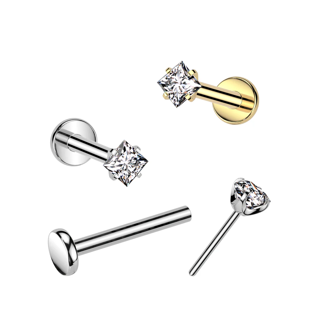 Titanium Threadless Push in Prong Set Square CZ Top Labret Cartilage - Image 2