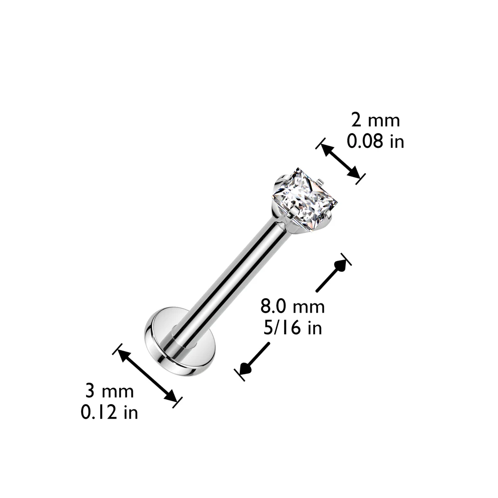 Titanium Threadless Push in Prong Set Square CZ Top Labret Cartilage - Image 3