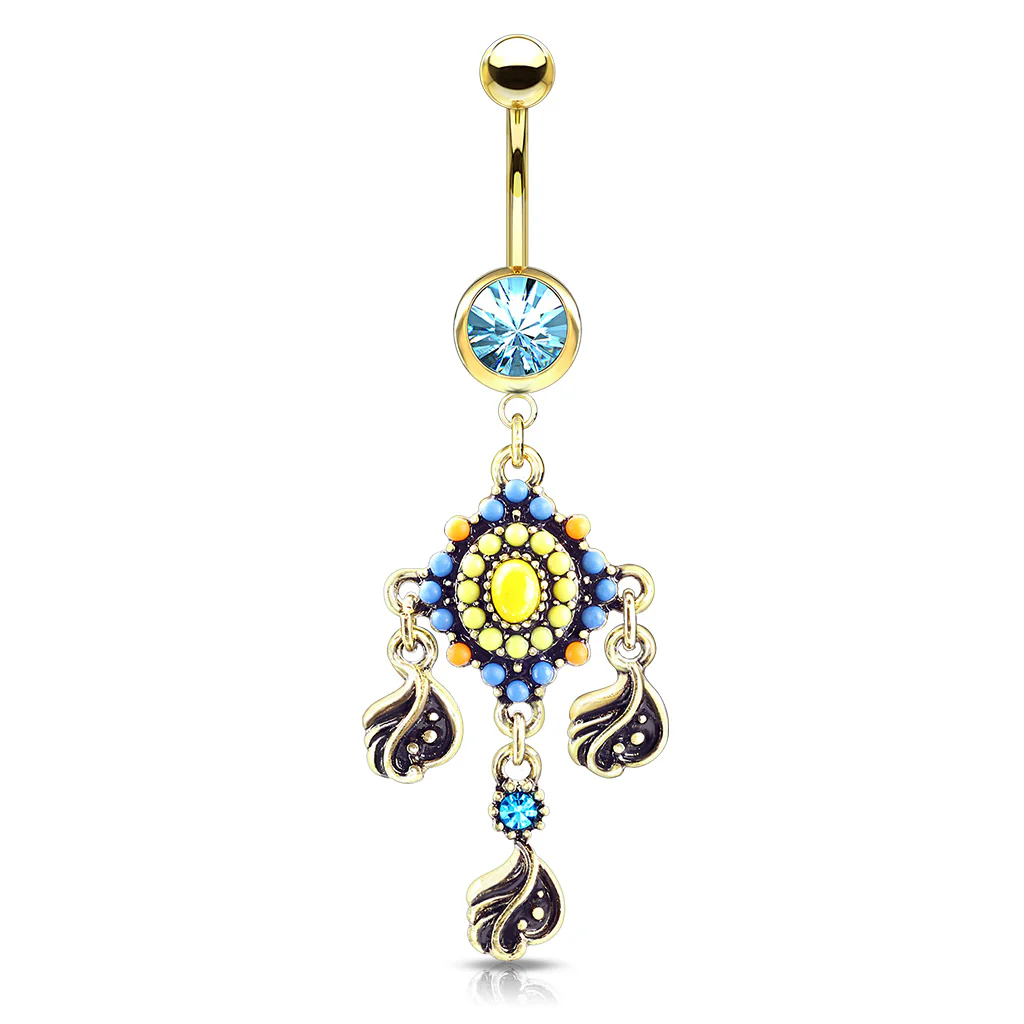 Tribal Beaded Filigree And Crystal Dangle Surgical Steel Navel Belly Button Rings - Image 2