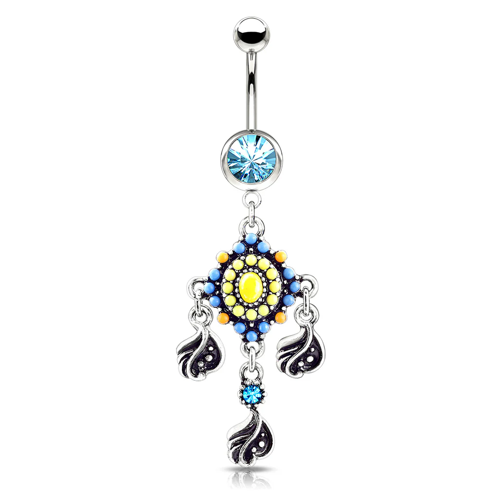 Tribal Beaded Filigree And Crystal Dangle Surgical Steel Navel Belly Button Rings - Image 3