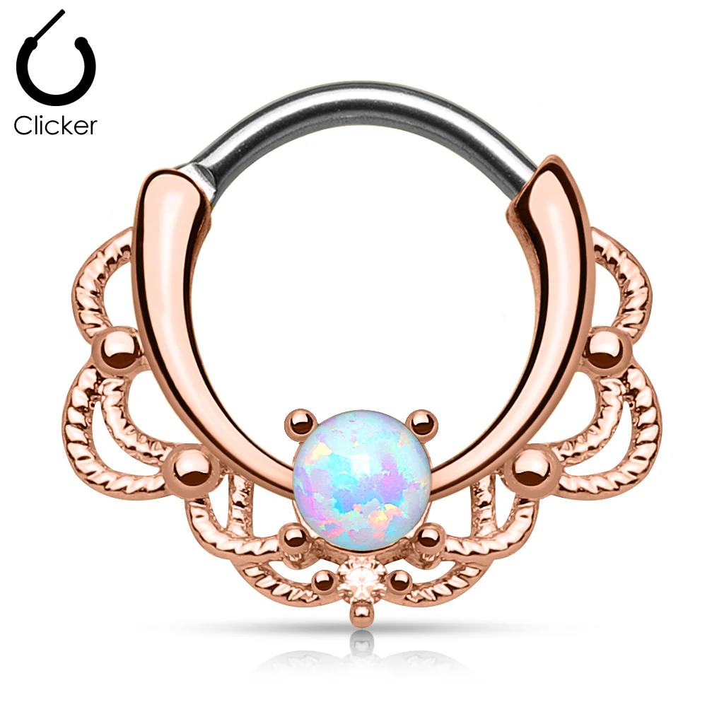 Tribal Lacey Opal Rose Gold Plated Septum Clicker Nose Ring