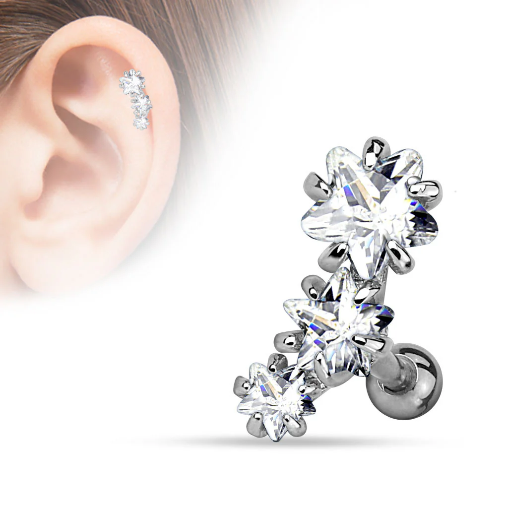 Triple Star CZ Set 316L Surgical Steel Tragus Helix Ear Cartilage - Image 2