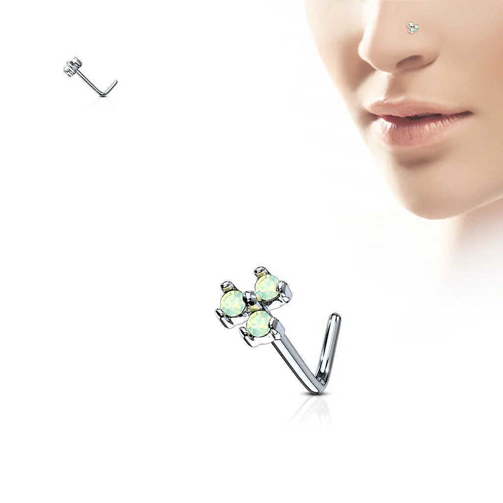 Triple Stone Top Surgical Steel L Bend Nose Stud Rings - Image 2