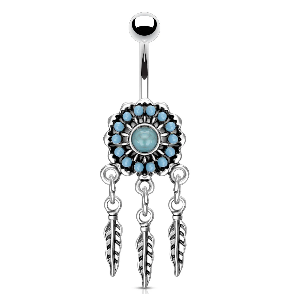 Turquoise Dream Catcher Surgical Steel Navel Belly Button Ring - Image 2