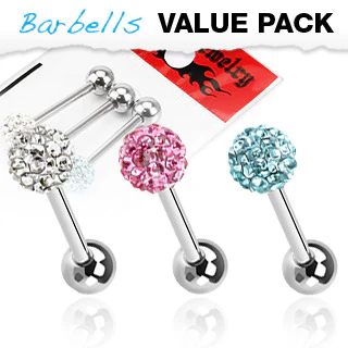 Value Pack 3 Pcs Surgical Steel Barbell Tongue Rings with Ferido Balls