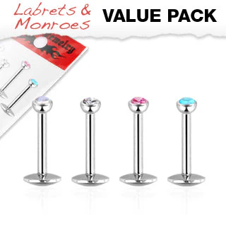Value Pack 4 Pcs Internal Threaded CZ Lip Labret Monroe Studs 1/4"