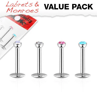 Value Pack 4 Pcs Internal Threaded CZ Lip Labret Monroe Studs 5/16"