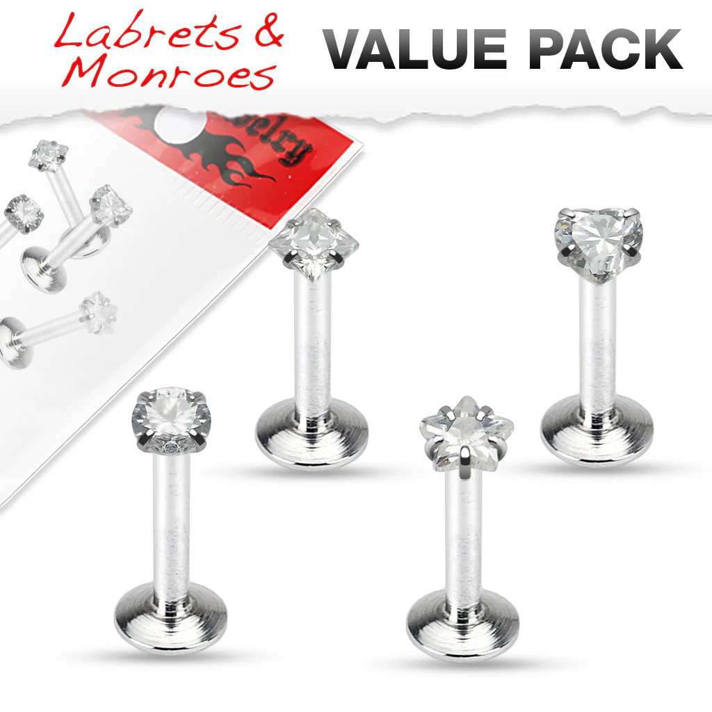 Value Pack 4 Pcs Internal Threaded CZ Top Lip Labret Monroe Studs