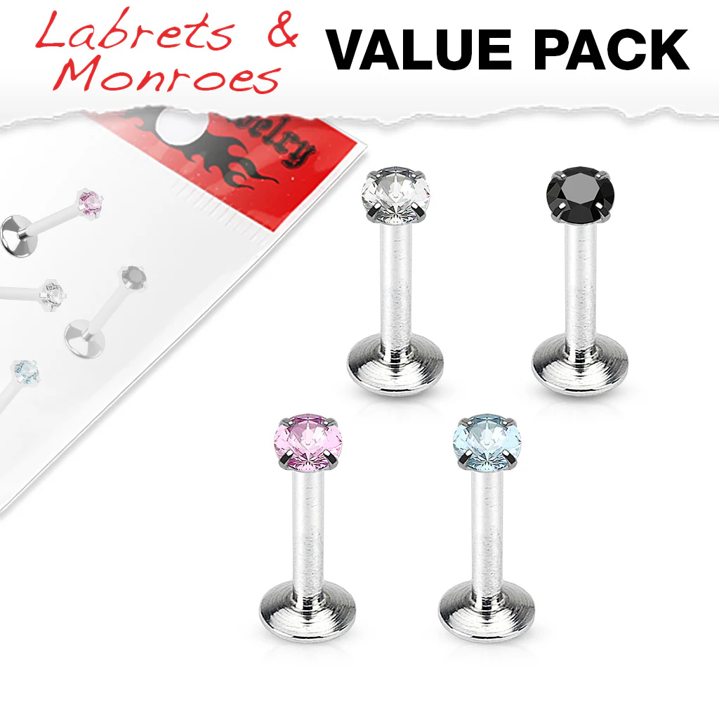 Value Pack 4 Pcs Internal Threaded CZ Lip Labret Monroe Studs