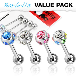 Value Pack 4 Pcs Surgical Steel  7 CZ Ball Barbell Tongue Rings