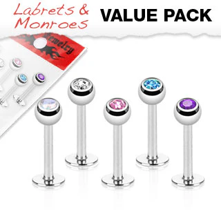 Value Pack 5 Pcs CZ Ball Top Lip Labret Monroe Studs 5/16"