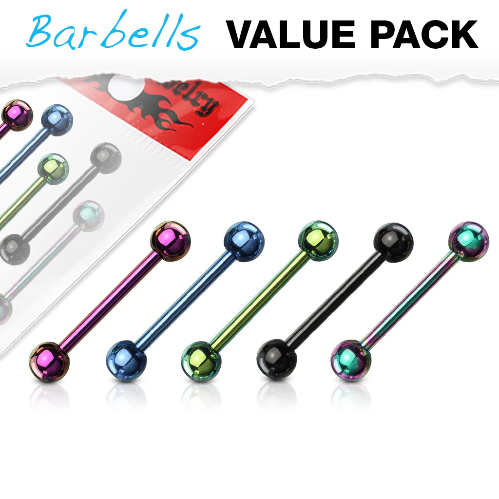 Value Pack 5 Pcs Titanium IP Over Surgical Steel Barbell Tongue Rings