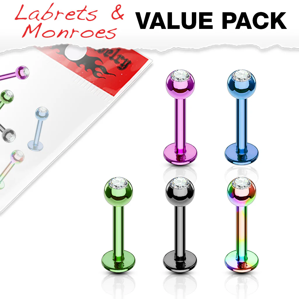 Value Pack 5 Pcs Titanium IP Surgical Steel CZ Lip Labret Monroe Studs