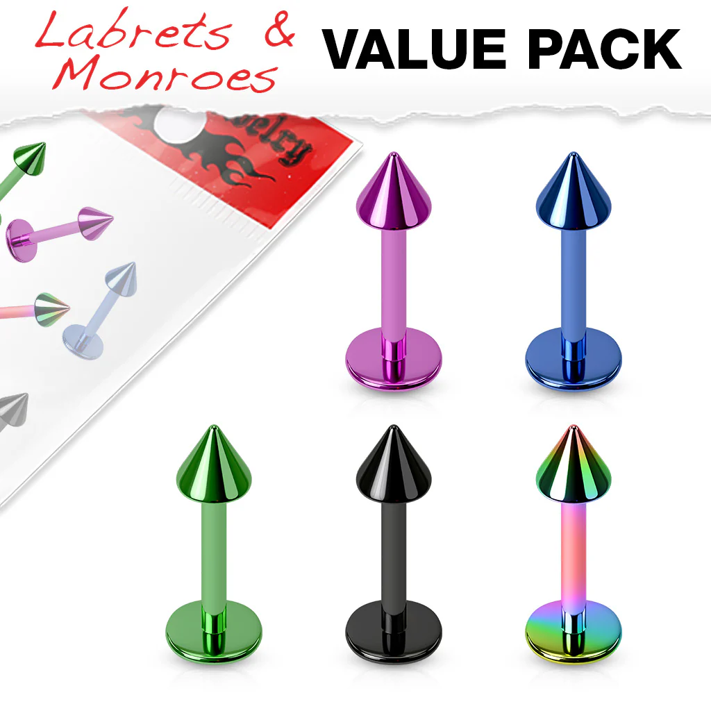 Value Pack 5 Pcs Titanium IP Spike Lip Labret Monroe Studs