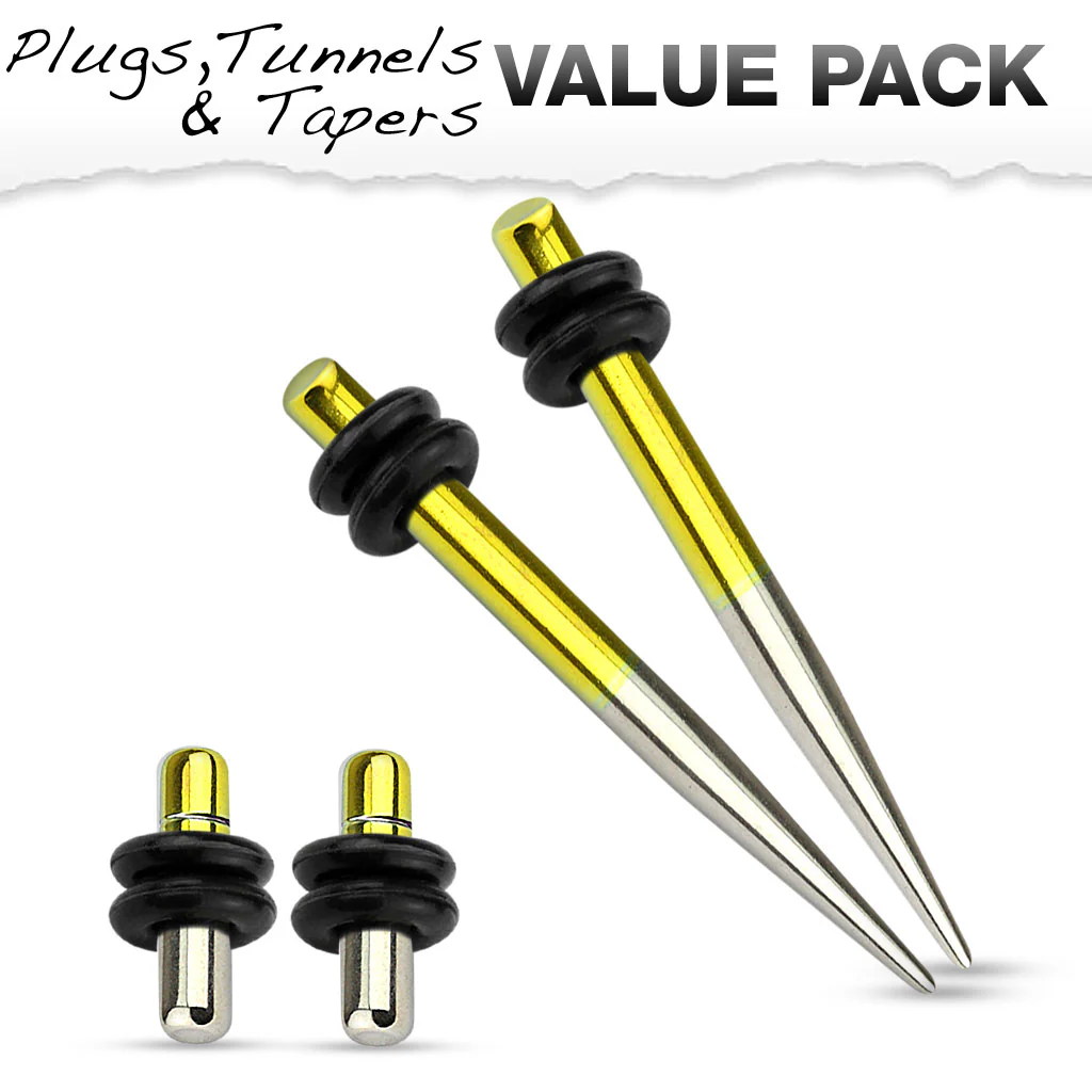 Value Pack Of Steel / Gold 2 Tone Titanium Ear Plugs Ear Tapers