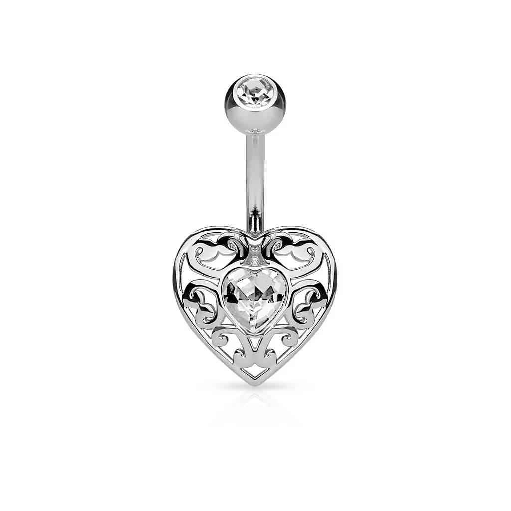 Vintage Filigree Heart CZ Surgical Steel Belly Button Navel Rings - Image 2