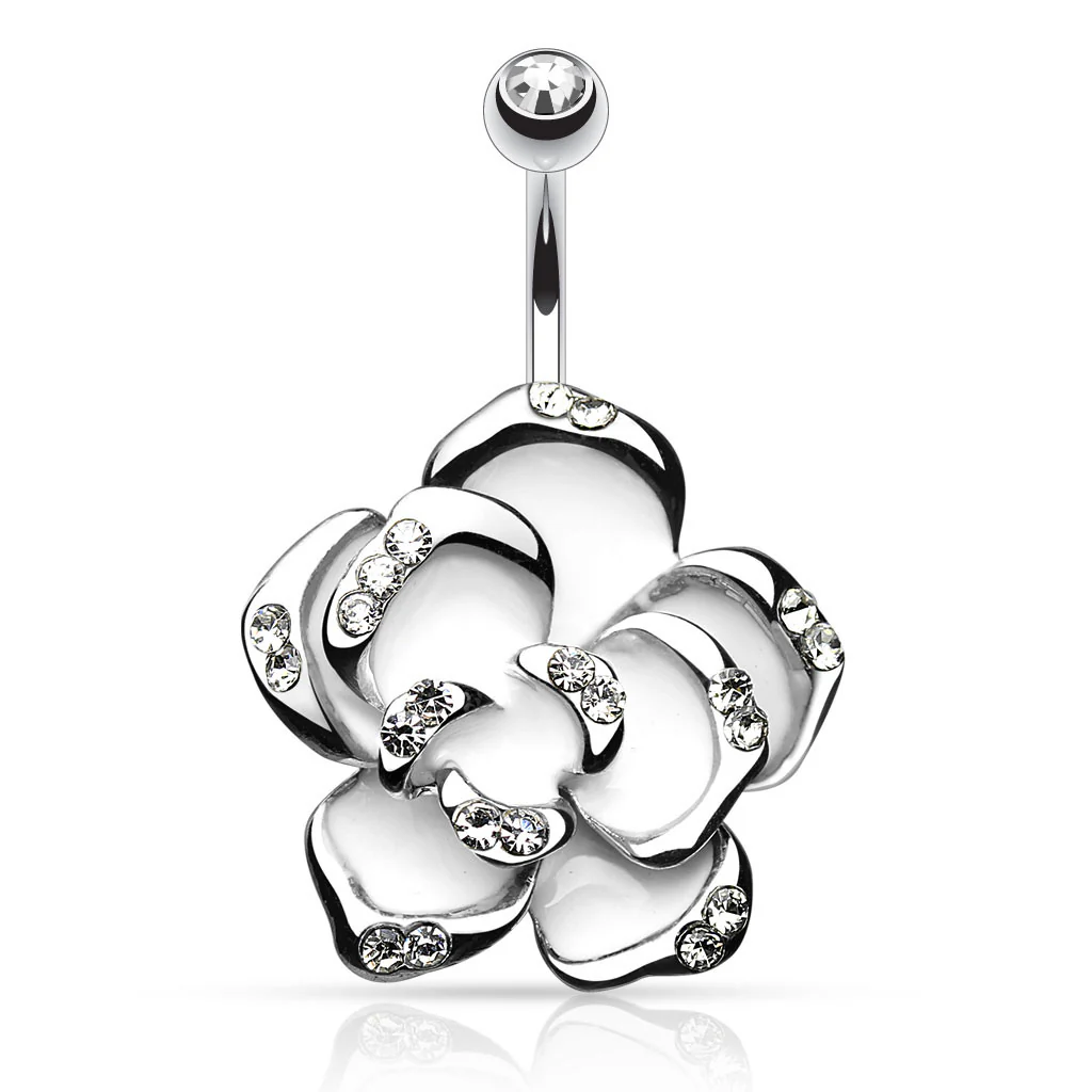 White Flower with Gem Petals Surgical Steel Navel Belly Button Ring