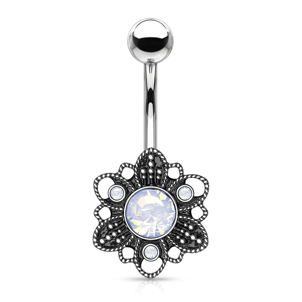 White Opalite Crystal Set Flower Navel Belly Button Ring - Image 3